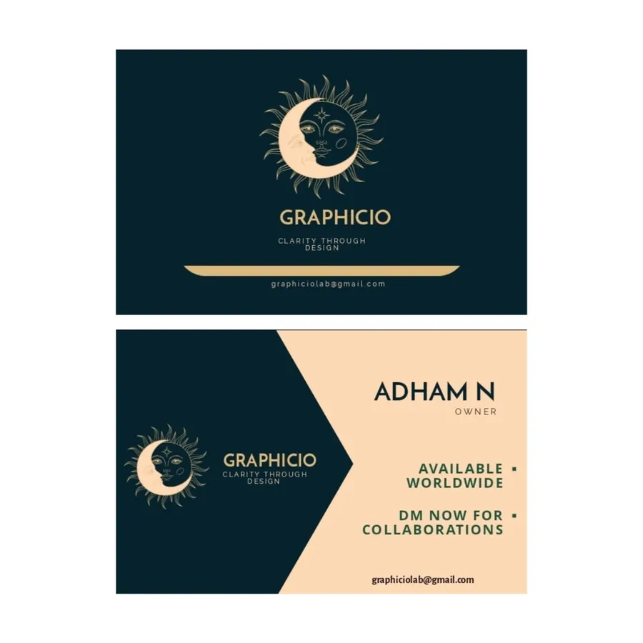 Navy and cream Graphicio business cards with the sun and moon logo.