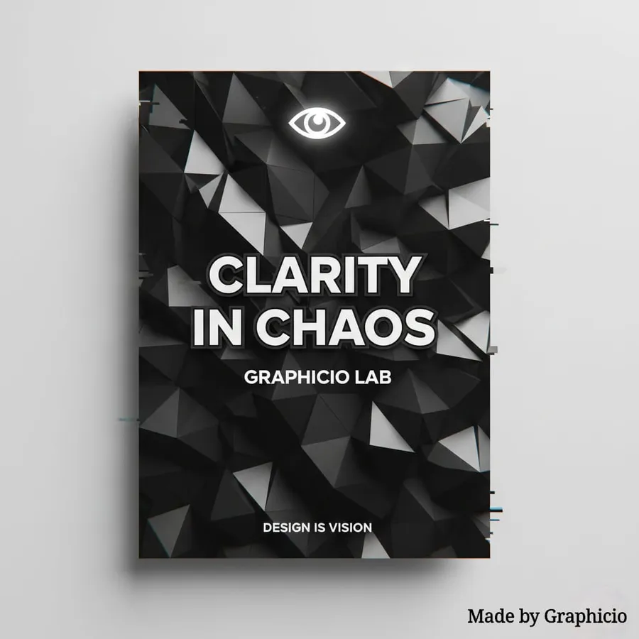 Black geometric poster with an eye symbol and bold Clarity in Chaos lettering.