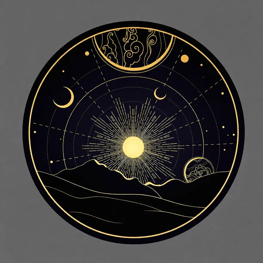 Gold sun, moons and orbital line art on a dark circular composition.