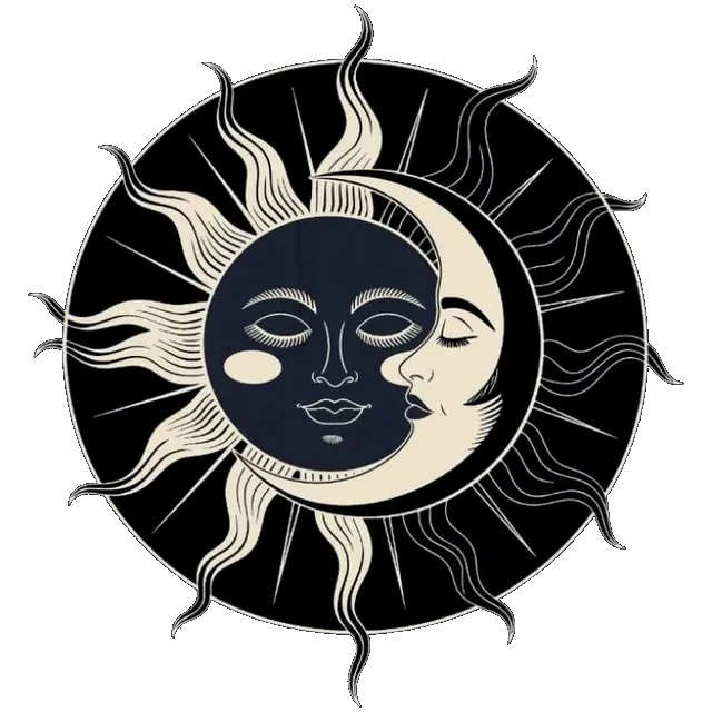 Cream sun and moon faces within a celestial sunburst, the Graphicio Labs primary mark