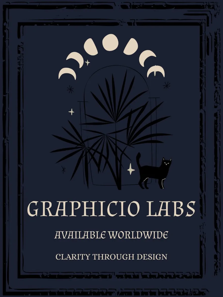 Navy poster with palm leaves, a black cat and cream moon phases.